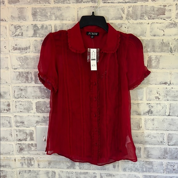 J.Crew Women’s Sheer Lace-Trim Button Up Shirt Short Sleeves Red NWT Sz 00 CD018 - Picture 2 of 9